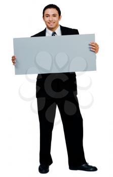 Mixedrace businessman showing an empty placard isolated over white
