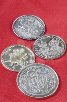 Close-up of silver coins