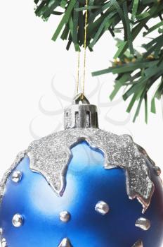 Blue bauble hanging on a Christmas tree