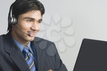 Customer service representative wearing a headset