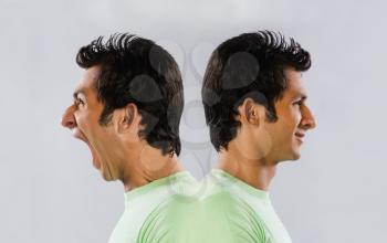 Digital composite image of a man yelling at self
