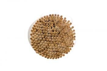 High angle view of toothpicks in a container