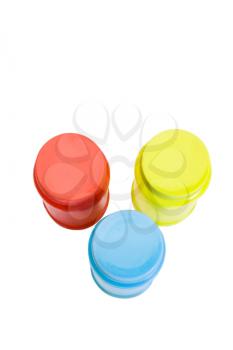 High angle view of colorful plastic jars