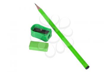 Eraser and pencil sharpener with a pencil