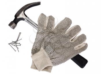 Pair of work glove with claw hammer and nails