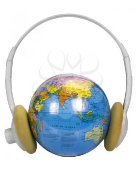 Close-up of a globe with headphones