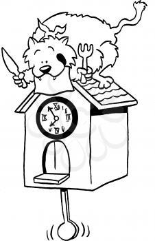 Royalty Free Clipart Image of a Cat With a Knife and Fork Looking at a Clock