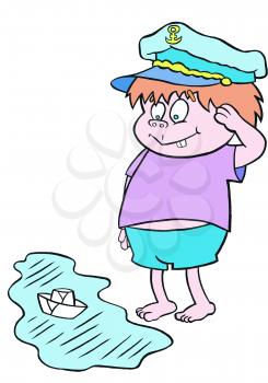 Royalty Free Clipart Image of a Little Boy in a Captain's Hat Saluting a Toy Boat