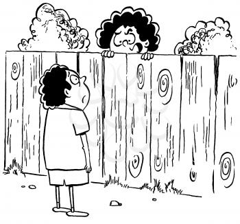 Royalty Free Clipart Image of Two Boys Talking Over a Fence
