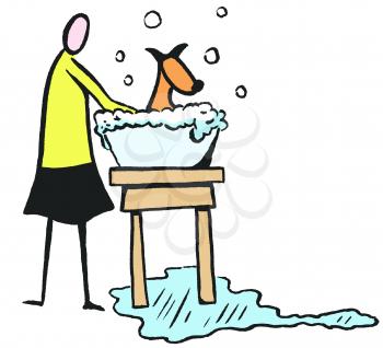 Royalty Free Clipart Image of a Woman Washing a Dog