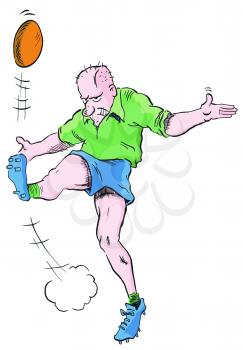 Royalty Free Clipart Image of a Football Player Kicking a Ball