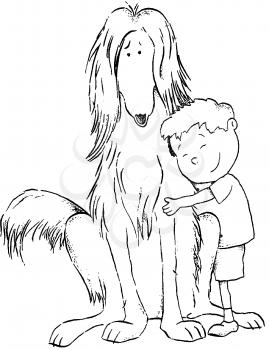 Royalty Free Clipart Image of a Child Hugging an Afghan Hound