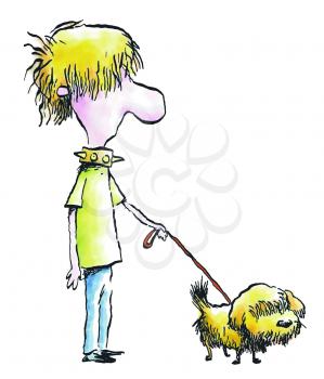 Royalty Free Clipart Image of a Man With Shaggy Hair and a Shaggy Dog