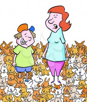 Royalty Free Clipart Image of a Woman and Child With Many Rabbits