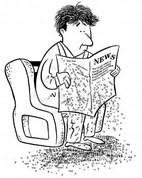 Royalty Free Clipart Image of a Man Reading a Paper With the Type Falling Off