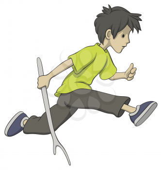 Royalty Free Clipart Image of a Boy Running With a Stick