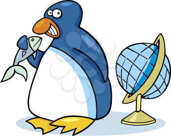 Royalty Free Clipart Image of a Penguin With a Fish and a Globe