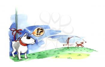 Royalty Free Clipart Image of a Dog on a Leash Watching Another Dog Play