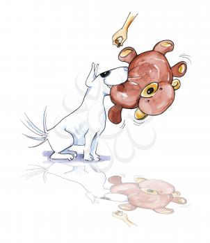 Royalty Free Clipart Image of a Terrier With a Teddy Bear