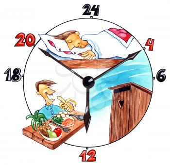 Royalty Free Clipart Image of a Man's Day Shown in a Clock