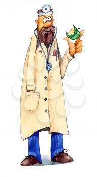 Royalty Free Clipart Image of a Doctor Eating a Green Apple