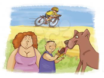 Royalty Free Clipart Image of a Bicyclists, and Two People With a Dog in a Park