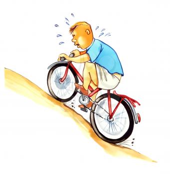 Royalty Free Clipart Image of a Boy Riding a Bike Uphill