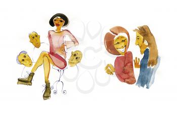 Royalty Free Clipart Image of a Girl With Three Guys Around Her and a Talking Couple