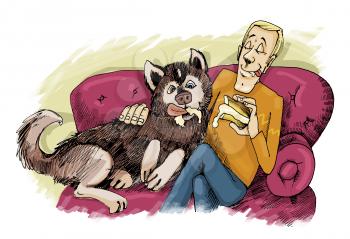 Royalty Free Clipart Image of a Man and a Dog on the Couch