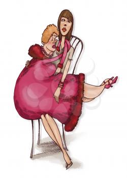 Royalty Free Clipart Image of a Slender Woman With an Older Woman on Her Lap
