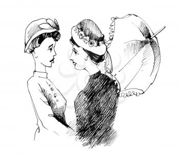 Royalty Free Clipart Image of Two Victorian Women Talking