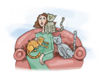 Royalty Free Clipart Image of a Woman on a Sofa With Three Cats
