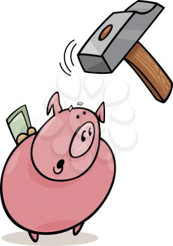 Royalty Free Clipart Image of a Frightened Piggy Bank and a Hammer