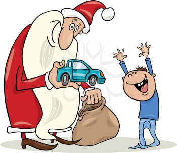 Royalty Free Clipart Image of Santa Giving a Boy a Toy Car