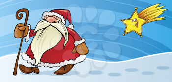 Royalty Free Clipart Image of Santa Walking With a Cane and a Star Behind Him