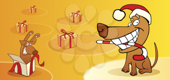 Royalty Free Clipart Image of a Dog in a Santa Hat on a Background With Presents