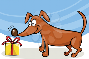 Royalty Free Clipart Image of a Dog and a Christmas Gift