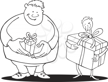 Royalty Free Clipart Image of a Big Guy With a Small Gift and a Small Guy With a Big Gift