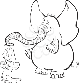 Royalty Free Clipart Image of a Mouse Having a Shower Under an Elephant's Trunk