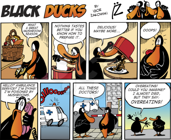 Royalty Free Clipart Image of a Black Ducks Comic Strip About Eating Mushrooms