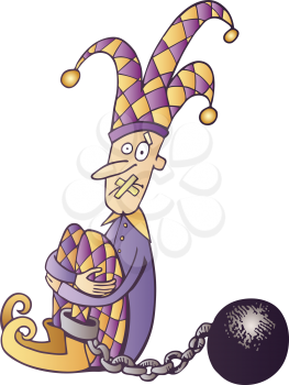 Royalty Free Clipart Image of a Jester With a Ball and Chain and His Mouth Taped