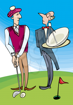 Royalty Free Clipart Image of a Man Golfing With His Butler
