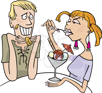 Royalty Free Clipart Image of a Guy and a Girl Eating Dessert