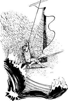 Royalty Free Clipart Image of a Drawing of a Sailor in a Storm
