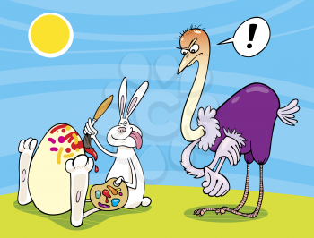 Royalty Free Clipart Image of an Ostrich Looking Angrily at a Rabbit Painting an Egg