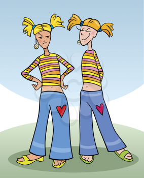 Royalty Free Clipart Image of Two Girls Dressed Alike