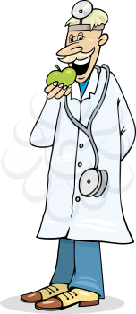 Royalty Free Clipart Image of a Doctor Eating a Green Apple