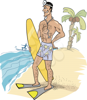 Royalty Free Clipart Image of a Man With a Surfboard at the Beach Wearing a Stethoscope and Head Mirror