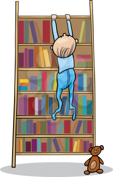 Royalty Free Clipart Image of a Boy Stuck at the Top of a Bookcase