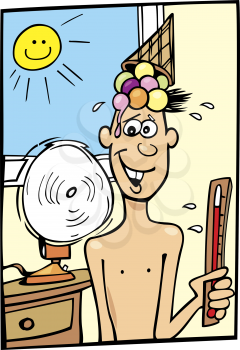 Royalty Free Clipart Image of a Boy in Front of a Fan With an Ice-Cream Cone on His Head